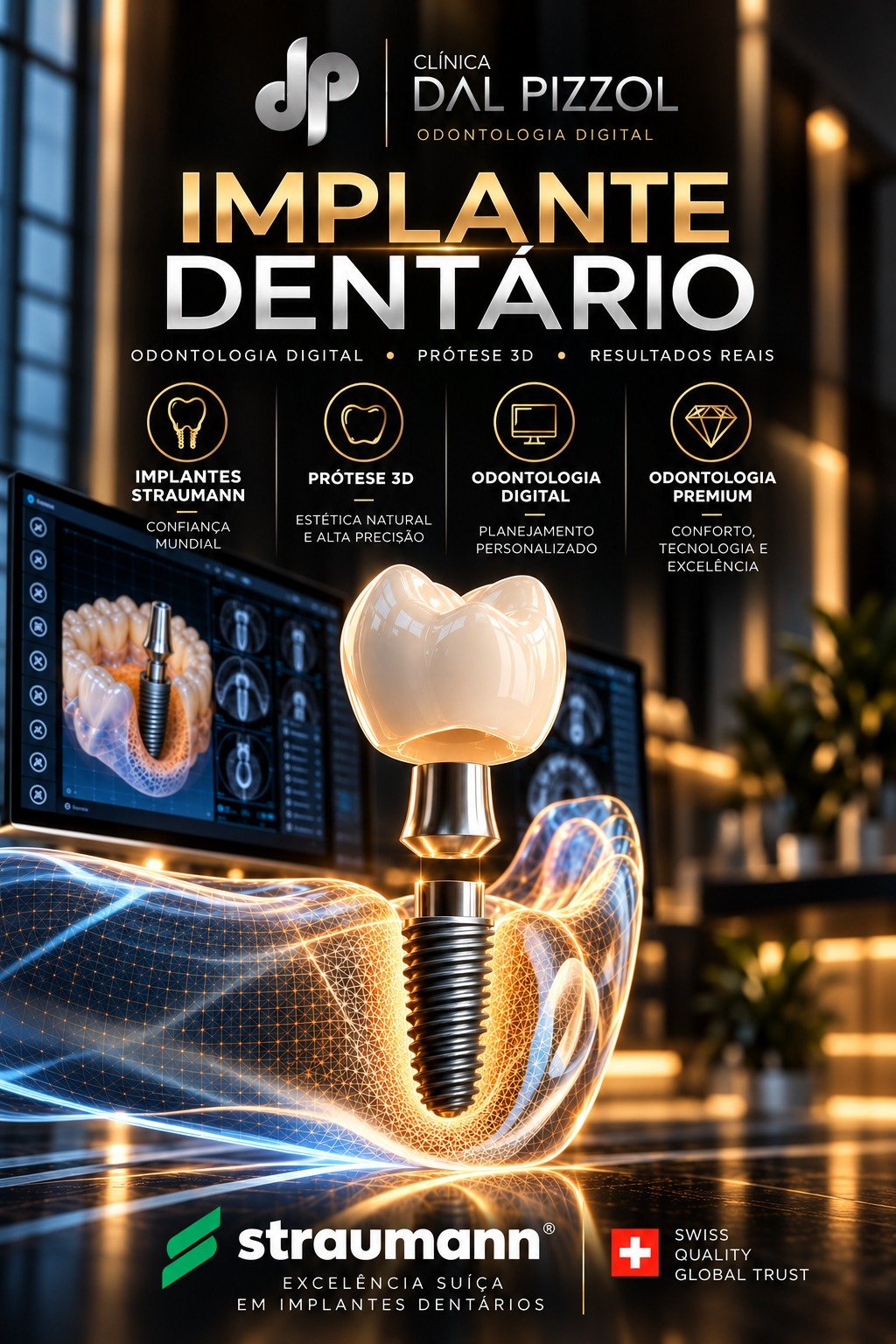 Implante dentário representado em modelo 3D ao lado de um planejamento tomográfico na Clínica Dal Pizzol