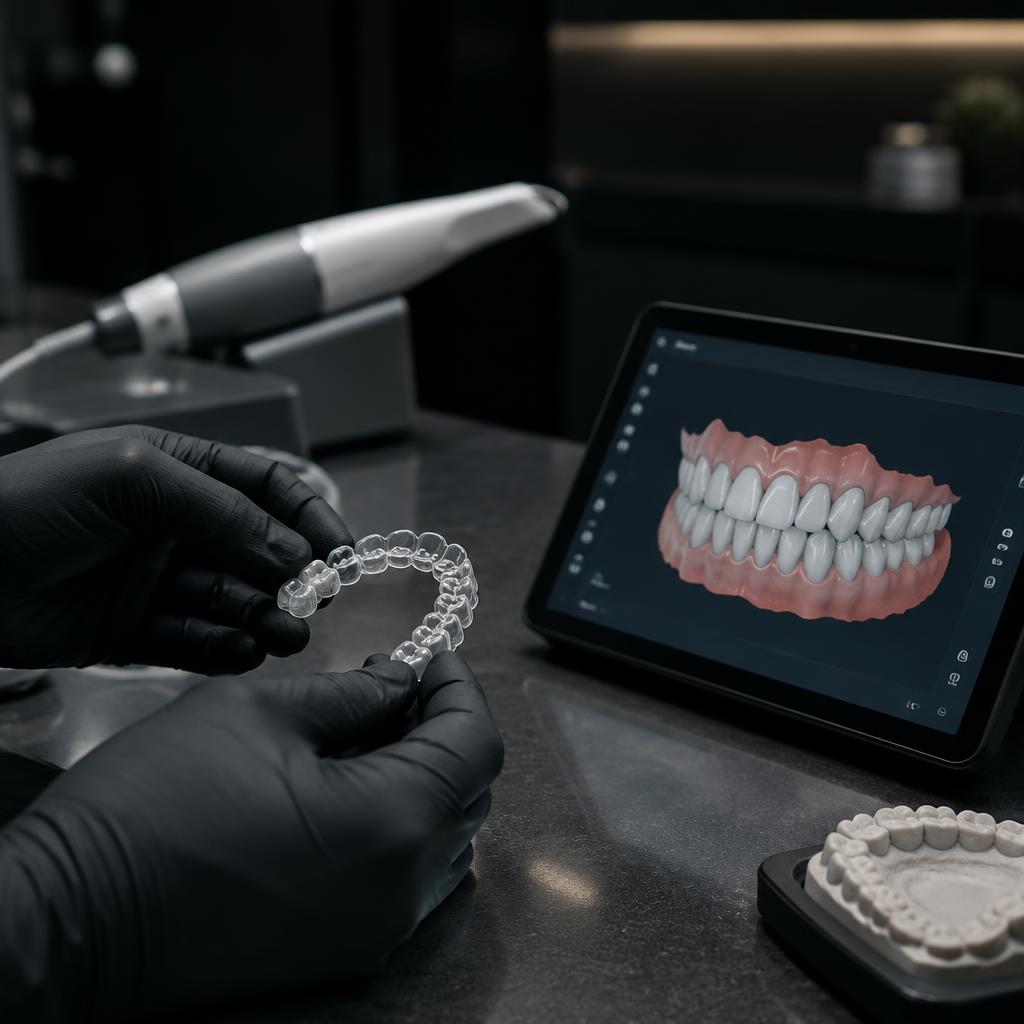 Alinhador invisível transparente segurado com luvas ao lado de modelo digital 3D da arcada