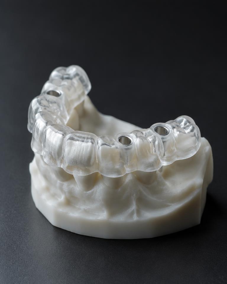 Guia cirúrgico impresso em 3D sobre modelo de arcada