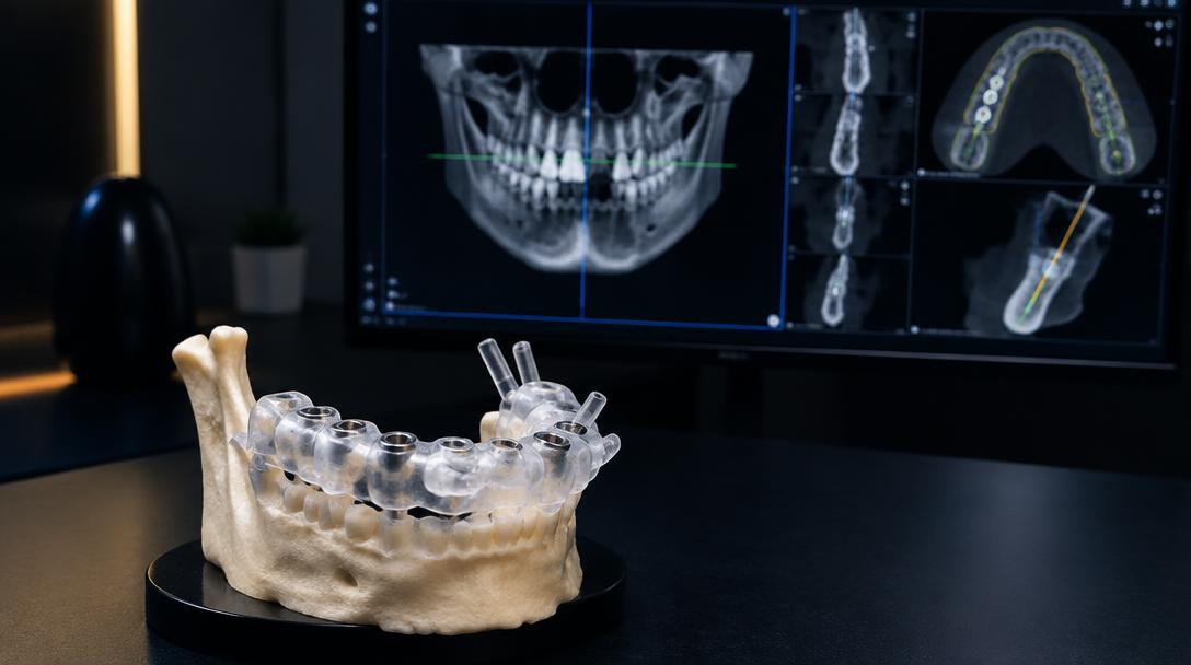 Guia cirúrgico impresso em 3D com tomografia ao fundo