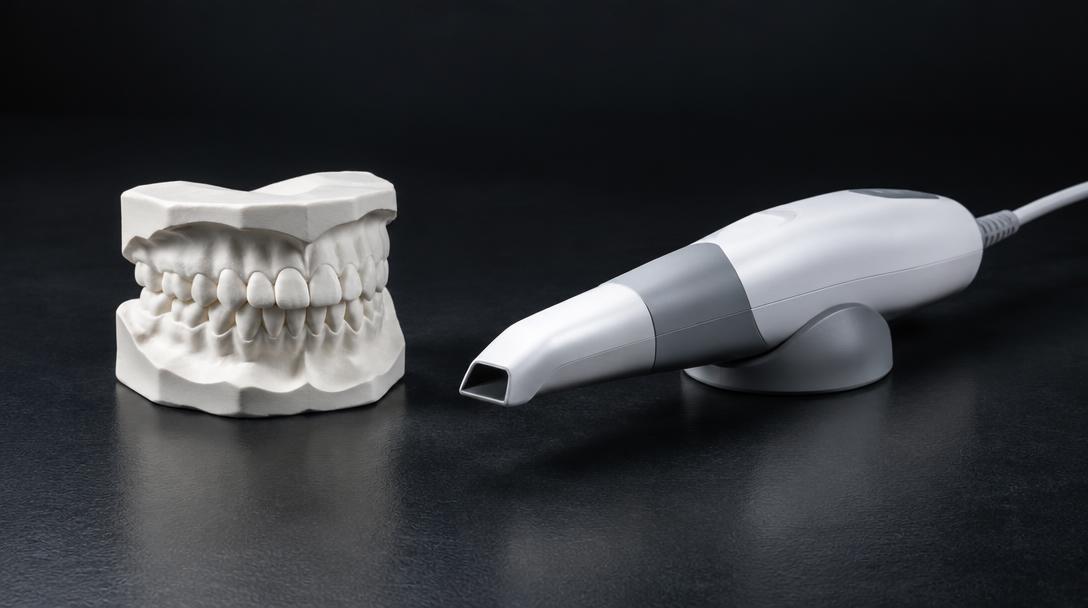 Molde de gesso ao lado de scanner intraoral digital