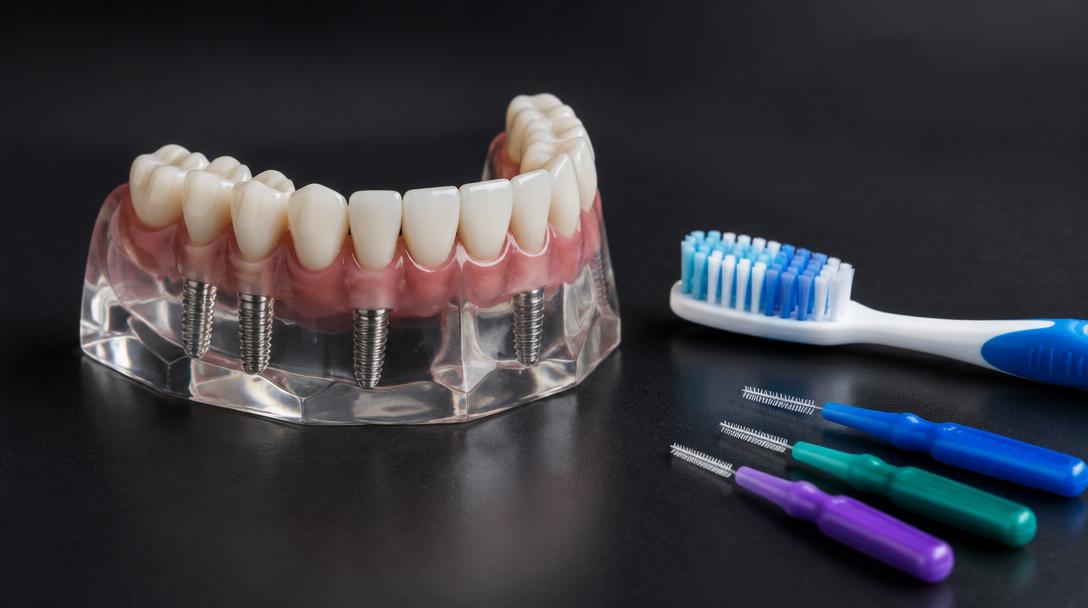 Modelo de prótese fixa sobre implantes com escova e escovas interdentais