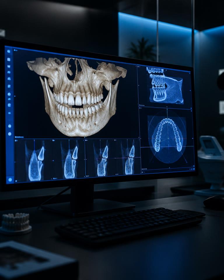 Tomografia 3D da estrutura óssea da mandíbula em monitor