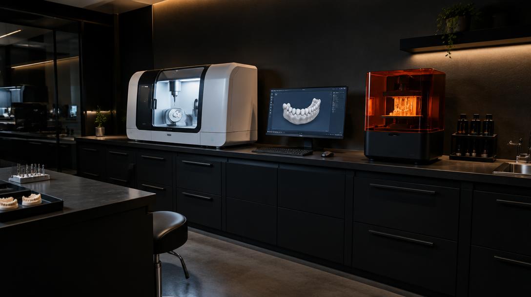 Laboratório digital com fresadora, impressora 3D e estação de trabalho