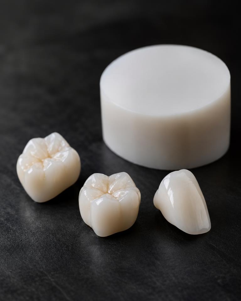 Coroas e bloco de zircônia em laboratório de próteses