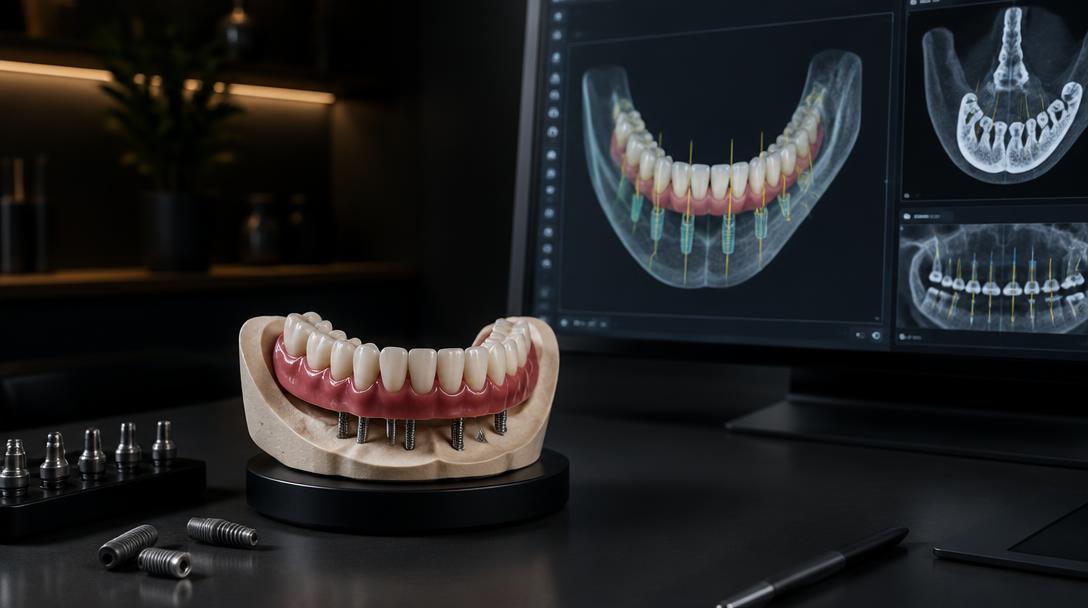 Prótese protocolo sobre modelo com planejamento digital ao fundo